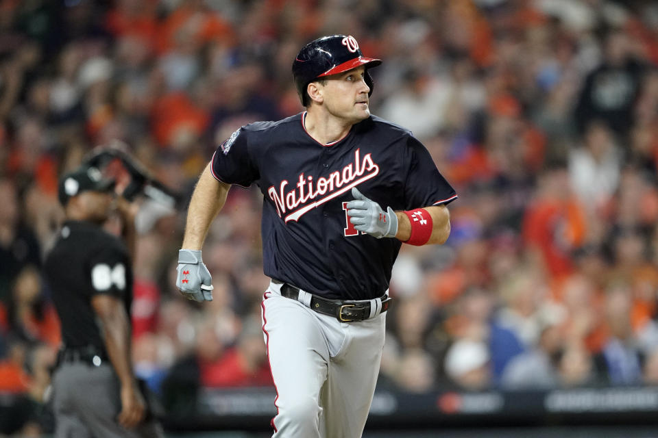 FILE - In this Oct. 22, 2019, file photo, Washington Nationals' Ryan Zimmerman hits a home run during the second inning of Game 1 of the baseball World Series against the Houston Astros in Houston. Zimmerman is offering his thoughts as told to AP in a diary of sorts while waiting for the 2020 season to begin. (AP Photo/David J. Phillip, File)