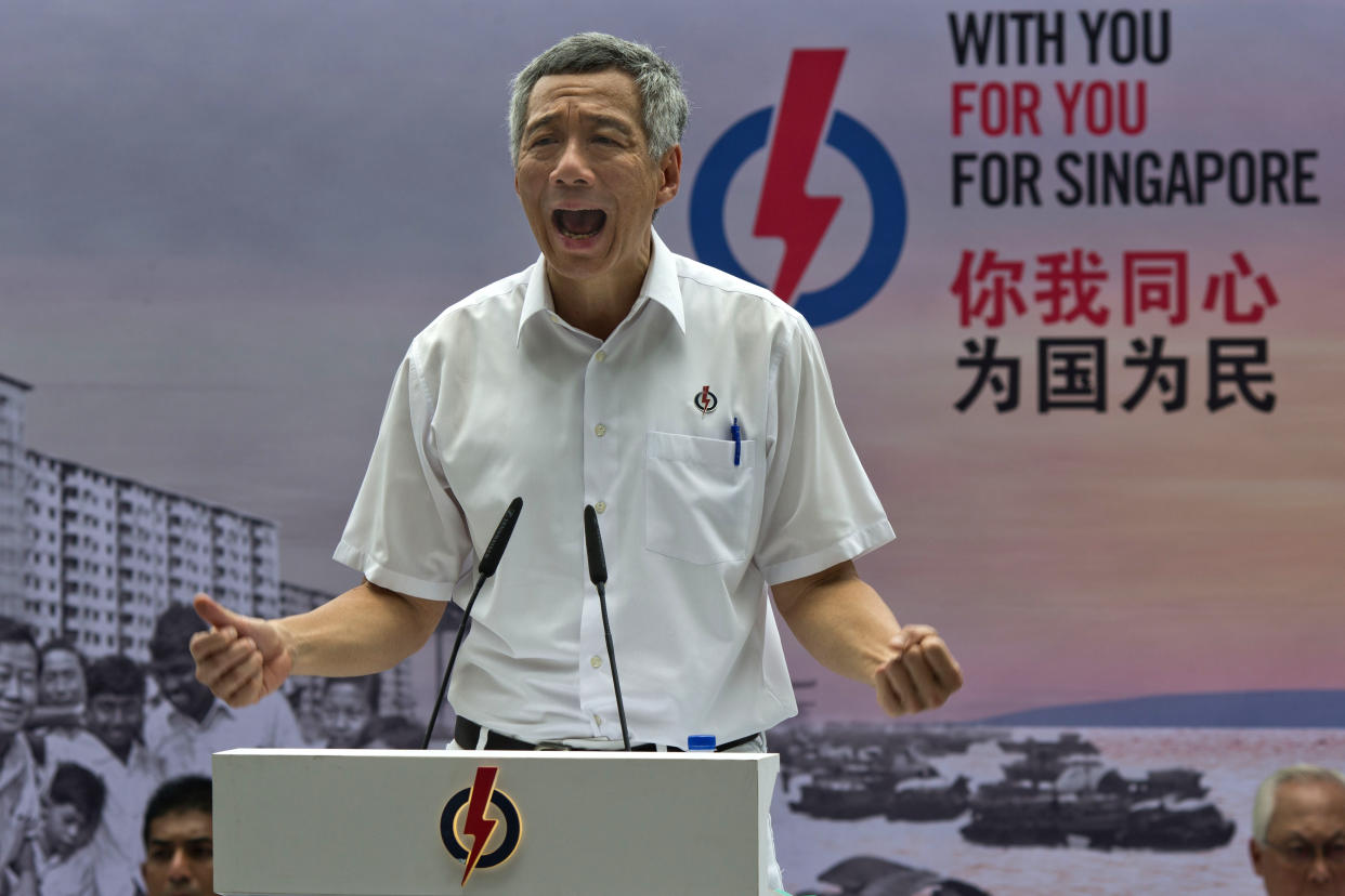 Singapore Prime Minister Lee Hsien Loong speaks during a rally in downtown Singapore, Tuesday, Sept. 8, 2015. Singapore will hold a general election on Sept. 11, in what is expected to be a tight contest for the ruling party that has dominated politics in the city-state for 50 years but is now facing growing disaffection among citizens.  (AP Photo/Ng Han Guan)