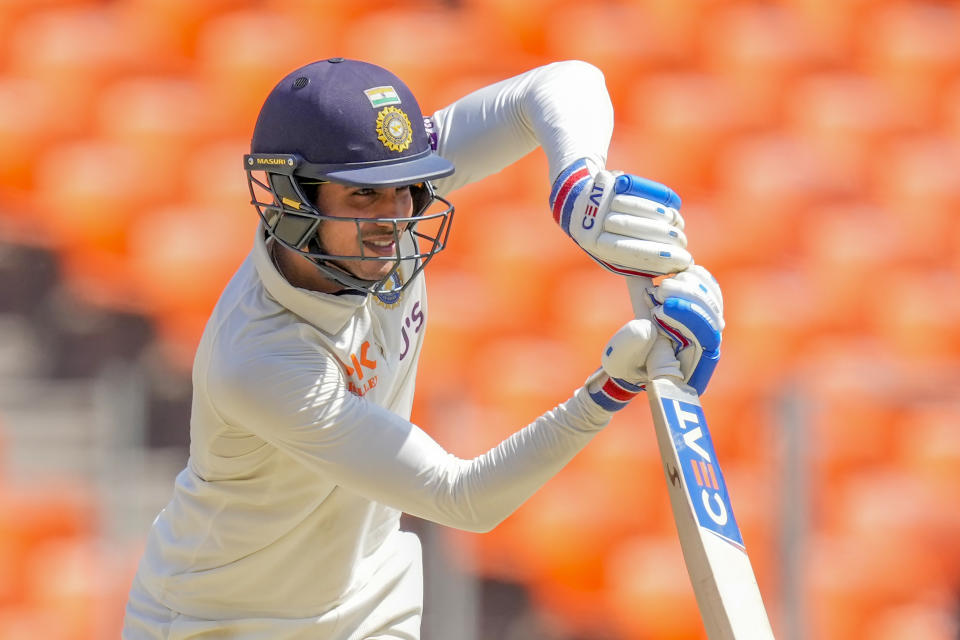 India's Shubman Gill plays a shot during the third day of the fourth cricket test match between India and Australia in Ahmedabad, India, Saturday, March 11, 2023. (AP Photo/Ajit Solanki)