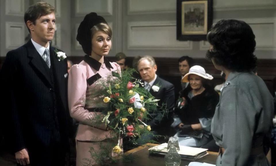 John Nettles, as Ian Mackenzie, and Barbara Flynn, as Freda Ashton, in a 1970 scene from A Family at War, John Finch’s drama series about a Liverpudlian family during the second world war.