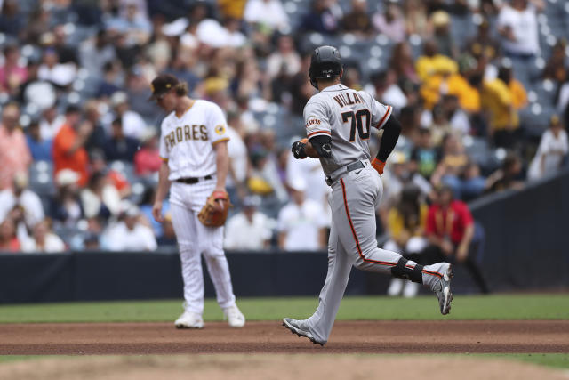 SAN FRANCISCO, CA - AUGUST 30: San Francisco Giants first baseman Yermin  Mercedes (6) waits between plays during the MLB professional baseball game  between the San Diego Padres and San Francisco Giants