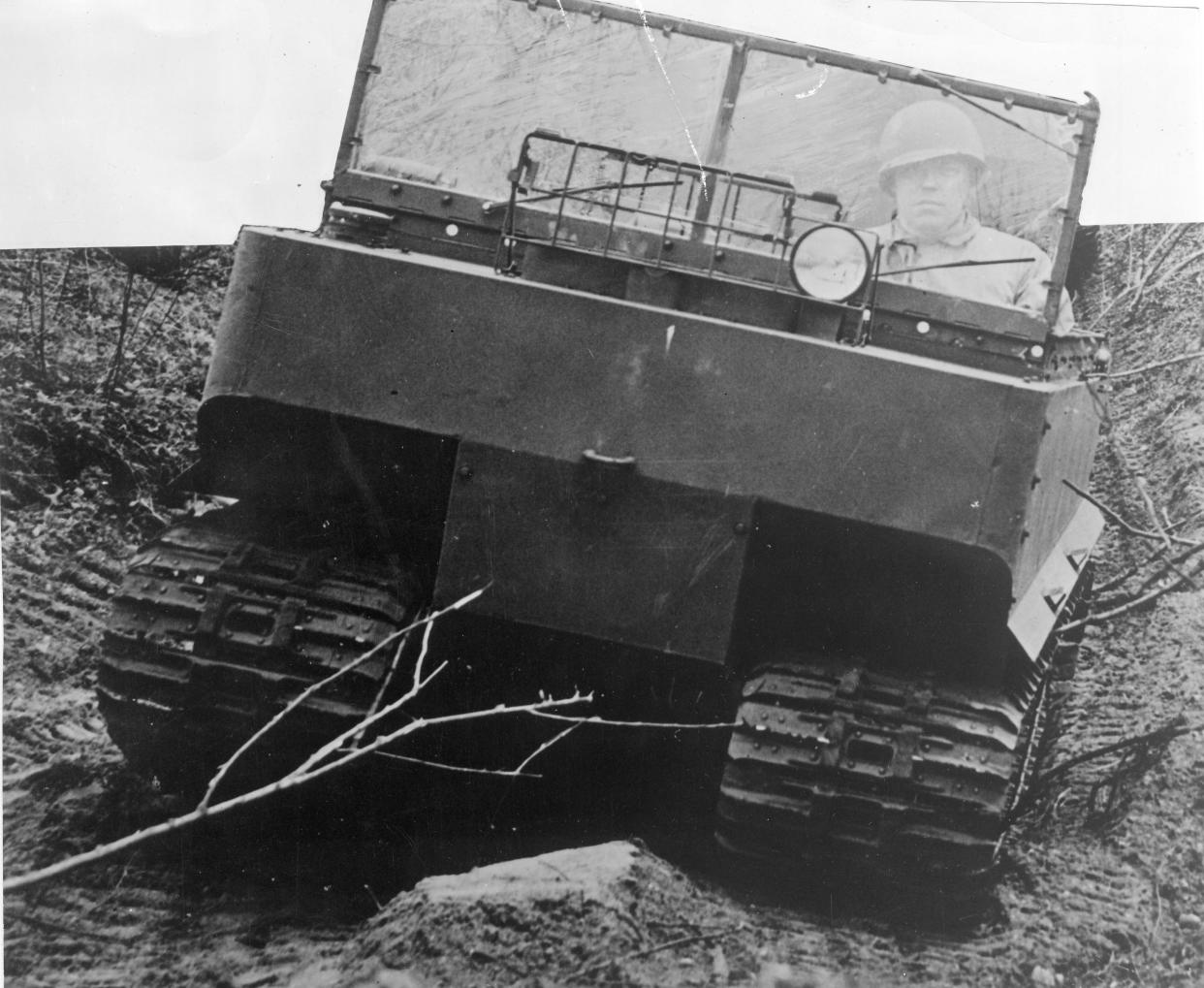 This undated file photo shows a radical vehicle of war, which has been in secret production at the Studebaker automobile factory in South Bend for almost two years, has just been revealed by the War Department. It is the "Weasel," (known to the army as the M-20,) a low-slung, square-faced personnel and supply carrier that is capable of operating over snow, deep mud, sand or paved highways — a greater variety of terrain condtions than possible in any other vehicle.