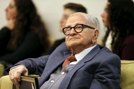 Rafi Eitan, who was involved in the capture of Adolf Eichmann, an architect of the Nazi Holocaust, sits during a ceremony to mark 55 years since the Eichmann trial of at Israeli President Reuven Rivlin's residence in Jerusalem January 27, 2016. REUTERS/Ammar Awad