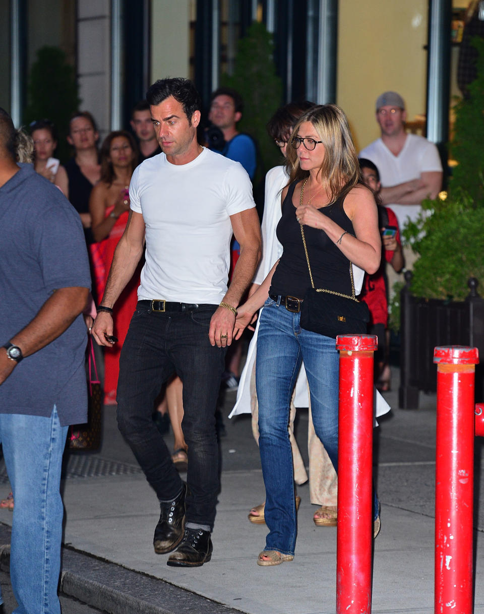 Justin Theroux and Jennifer Aniston leave the NoMad Hotel on July 20, 2013 in New York City.