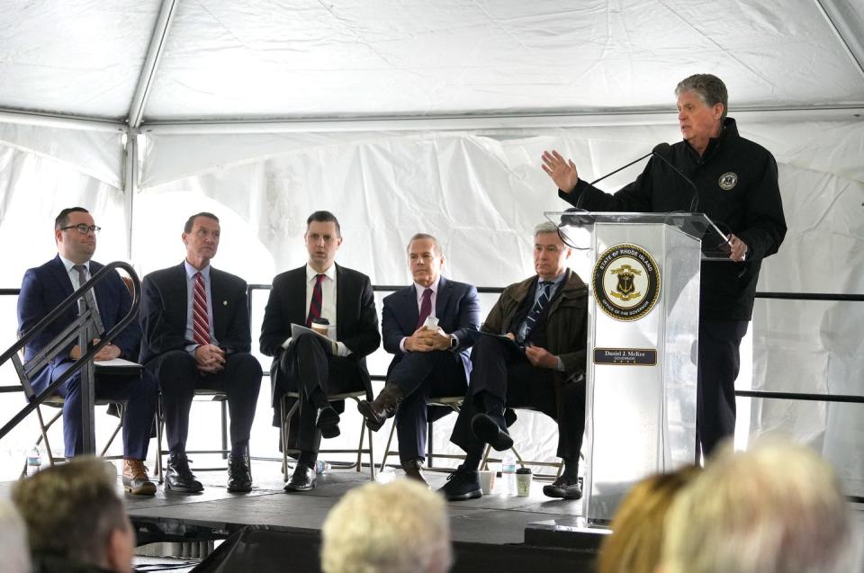 Gov. Dan McKee address a crowd of guests, state and local politicians and administration officials Monday morning after a trip from Providence to Pawtucket to mark the opening day of the new Pawtucket-Central Falls station.
