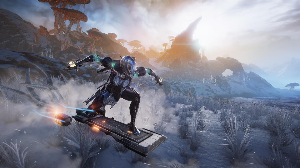 Best Free Steam games - Warframe - A player rides a hoverboard across an alien planet lanscape