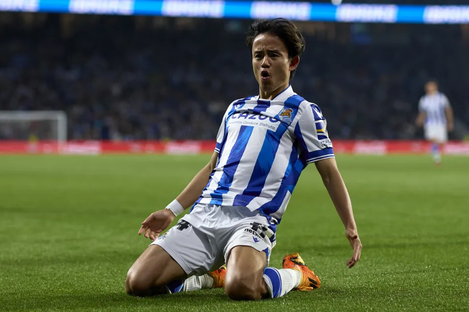 SAN SEBASTIAN, SPAIN - MAY 02: Takefusa Kubo of Real Sociedad celebrates after scoring his team&#39;s first goal during the LaLiga Santander match between Real Sociedad and Real Madrid CF at Reale Arena on May 02, 2023 in San Sebastian, Spain. (Photo by Ion Alcoba/Quality Sport Images/Getty Images)