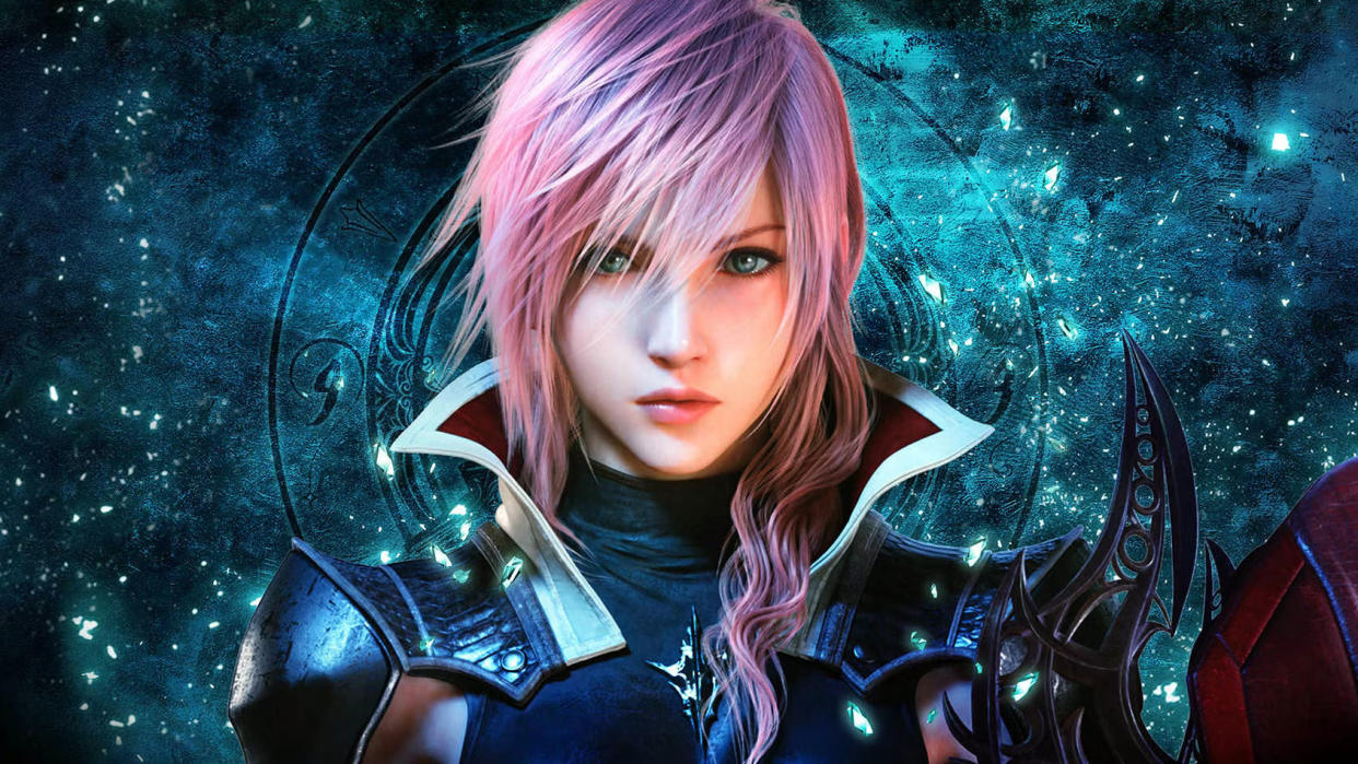  Final Fantasy XIII heroine Lightning facing the viewer wearing a set of black armor. 