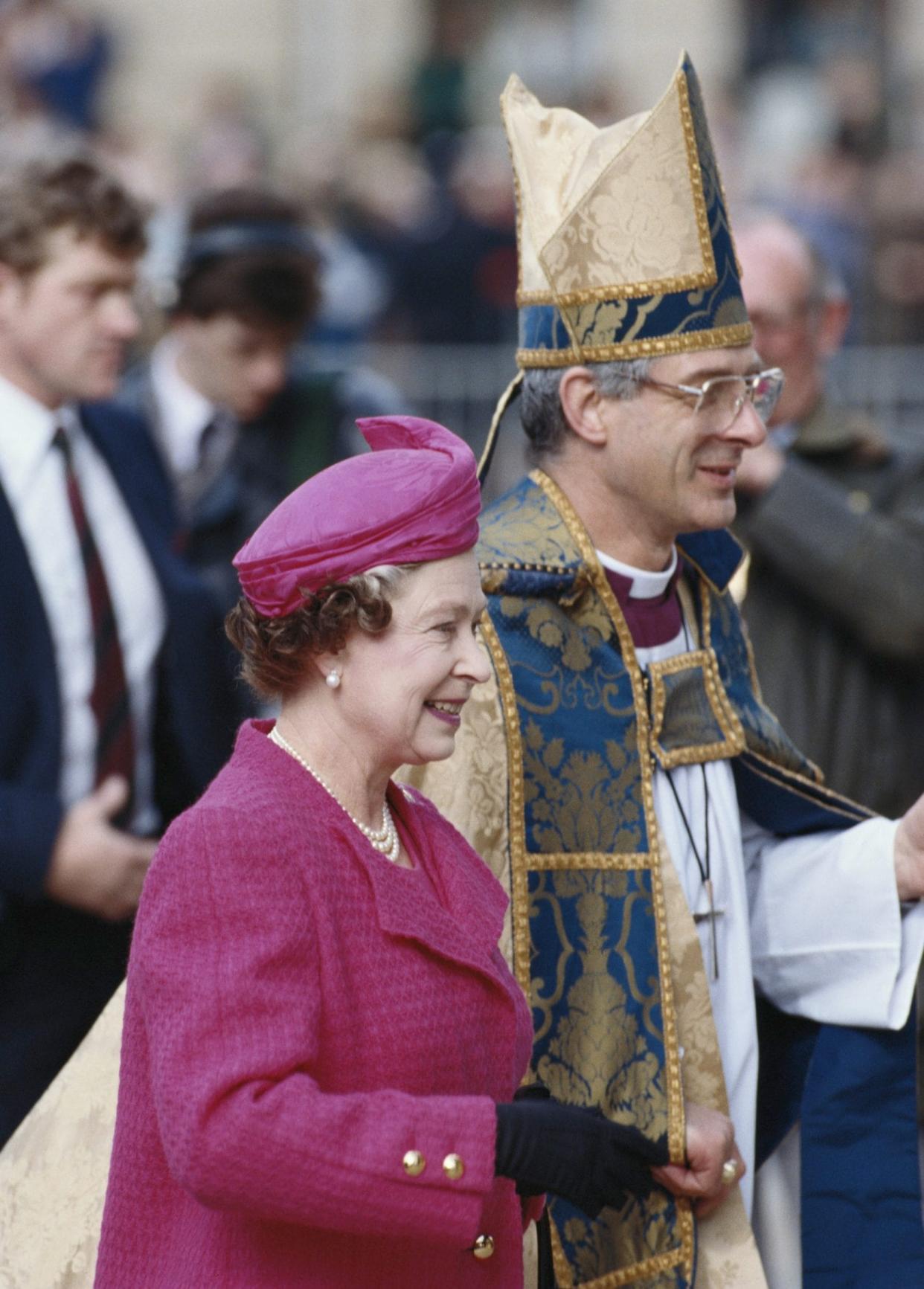 Bishop Mark Santer with Queen Elizabeth II for the Maundy service at St Philip's Cathedral, Birmingham, in March 1989