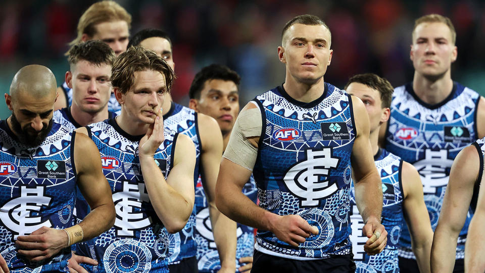 Pictured here, Carlton AFL star Patrick Cripps and Blues teammates.