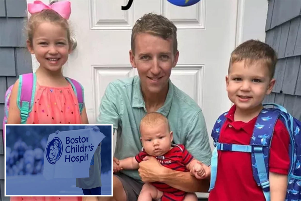 Patrick Clancy and his three children, main. Boston Children's Hospital sign, inset.