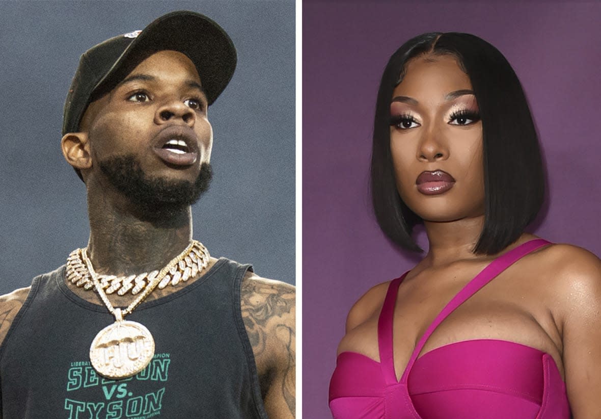 This combination photo shows rapper Tory Lanez performing at the Festival d’ete de Quebec, July 11, 2018, in Quebec City, Canada, left, and Megan Thee Stallion at the premiere of “P-Valley,” June 2, 2022, in Los Angeles. (Photos by Amy Harris, left, Richard Shotwell/Invision/AP, File)