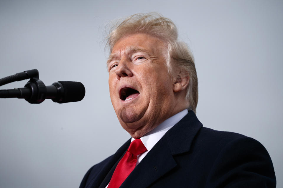 President Donald Trump speaks during at a campaign rally at Huntington Tri-State Airport, Friday, Nov. 2, 2018, in Huntington, W.Va. (AP Photo/Evan Vucci)