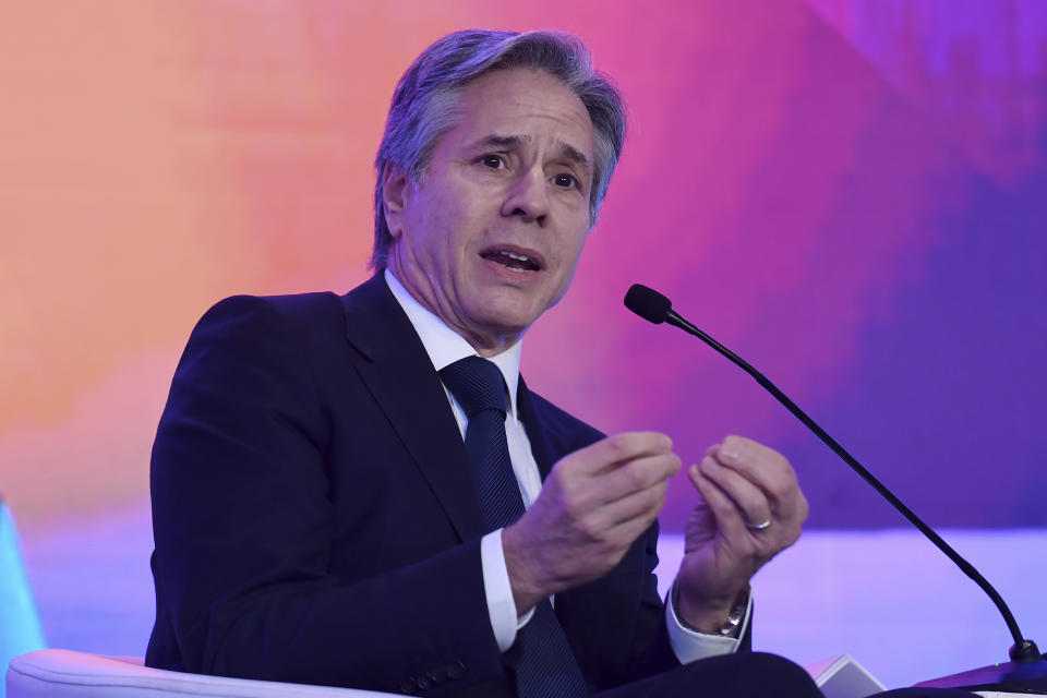 U.S. Secretary of State Antony Blinken speaks during a Quad ministers' panel at the Taj Palace Hotel in New Delhi Friday, March 3, 2023. (Olivier Douliery/Pool Photo via AP)