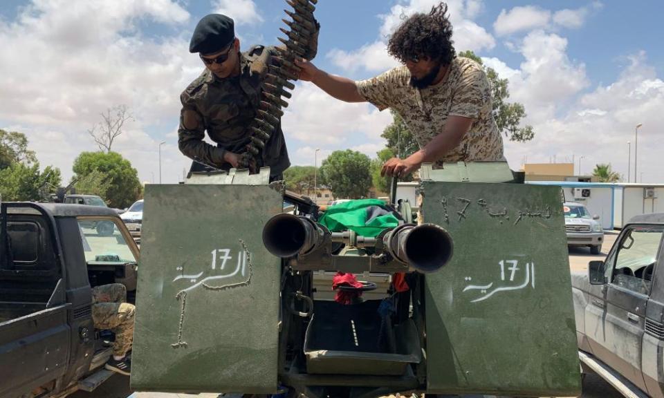 Troops loyal to Libya’s internationally recognised government prepare themselves before heading to Sirte on 6 July.