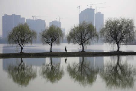 A woman walks past trees reflected on a lake in front of a construction site of a residential compound on a hazy day in Wuhan, Hubei province in htis March 6, 2015 file photo. REUTERS/Darley Shen/Files