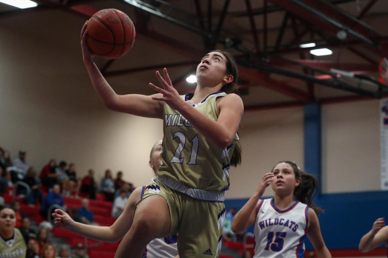 Miller's Hailey Martinez shoots a layup during the game against Gregory-Portland on Jan. 23, 2024, in Portland, Texas.