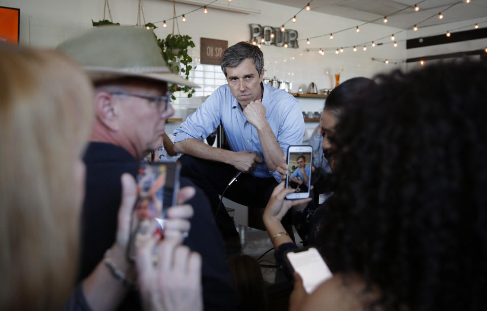 Democratic presidential candidate and former Texas congressman Beto O'Rourke speaks at a campaign stop at a coffee shop Sunday, March 24, 2019, in Las Vegas. (AP Photo/John Locher)