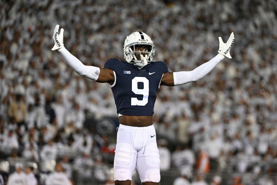 Penn State cornerback Joey Porter Jr. (9) lines up against Minnesota in the first half of an NCAA college football game, Saturday, Oct. 22, 2022, in State College, Pa. (AP Photo/Barry Reeger)