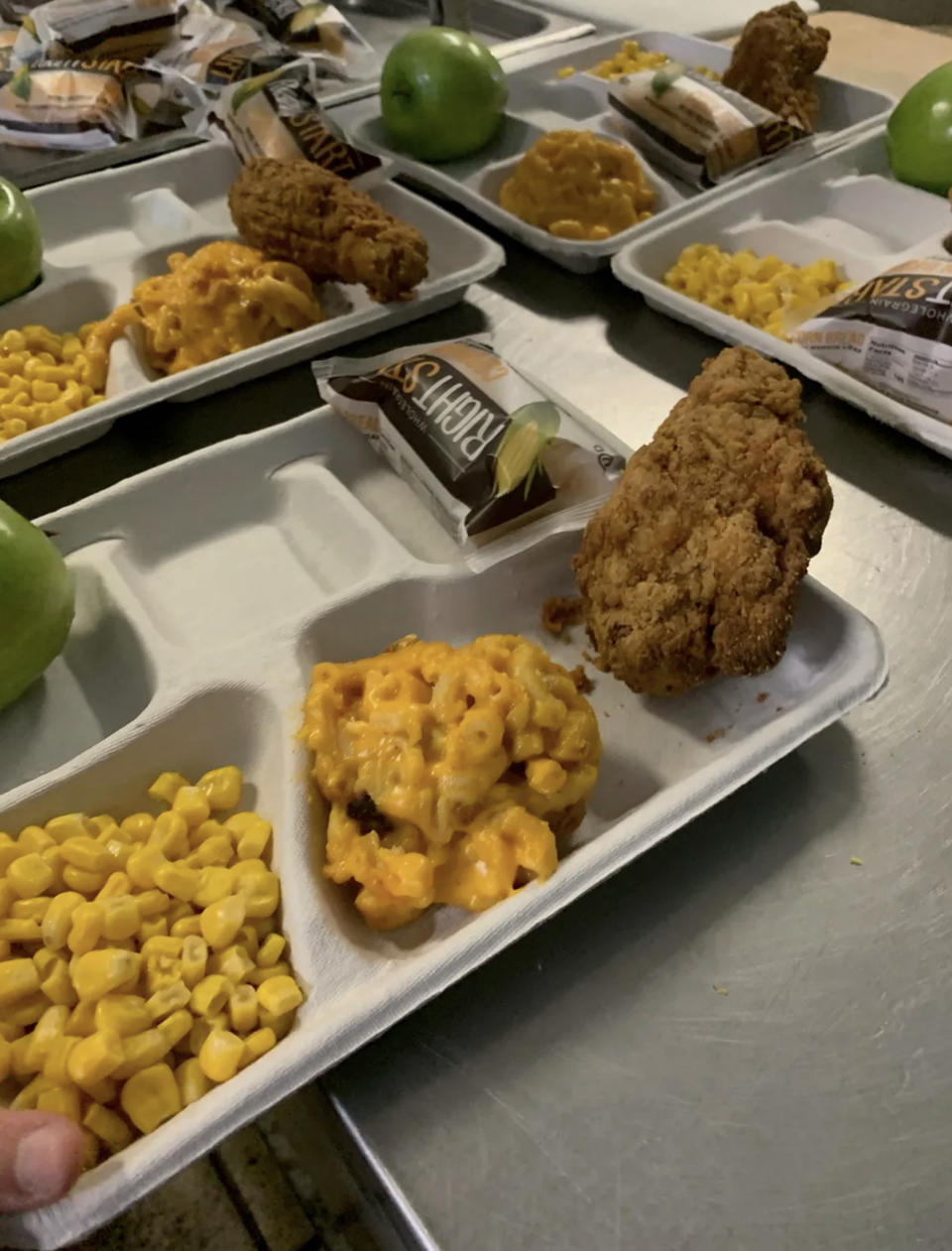 Students' meals of cornbread, fried turkey, corn and baked mac and cheese. (Courtesy Shalynn Brooks / FoodCorps)