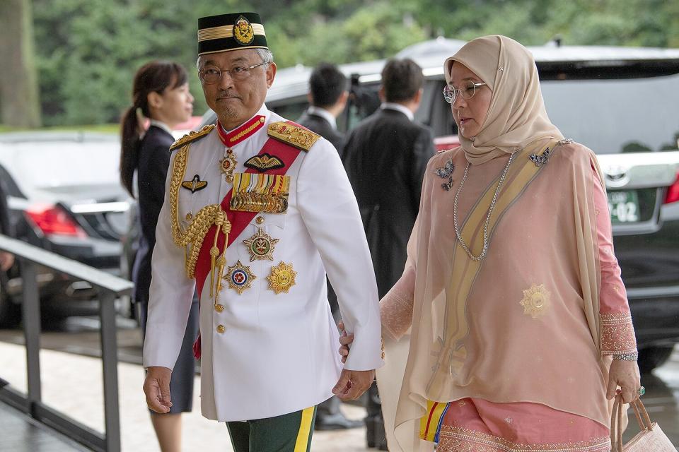 King Sultan Abdullah Sultan Ahmad Shah and Queen Tunku Azizah Aminah Maimunah of Malaysia arrive to attend the Enthronement Ceremony Of Emperor Naruhito of Japan at the Imperial Palace on October 22, 2019 in Tokyo, Japan.