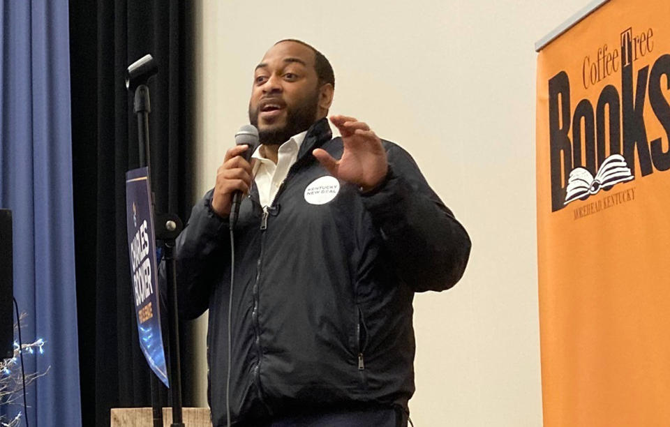 Charles Booker, Democratic candidate for U.S Senate, speaks to supporters at a rally in Morehead, Ky., on Tuesday, Nov. 1, 2022. Booker is stressing his support for abortion rights in challenging Republican Sen. Rand Paul. (AP Photo/Bruce Schreiner)