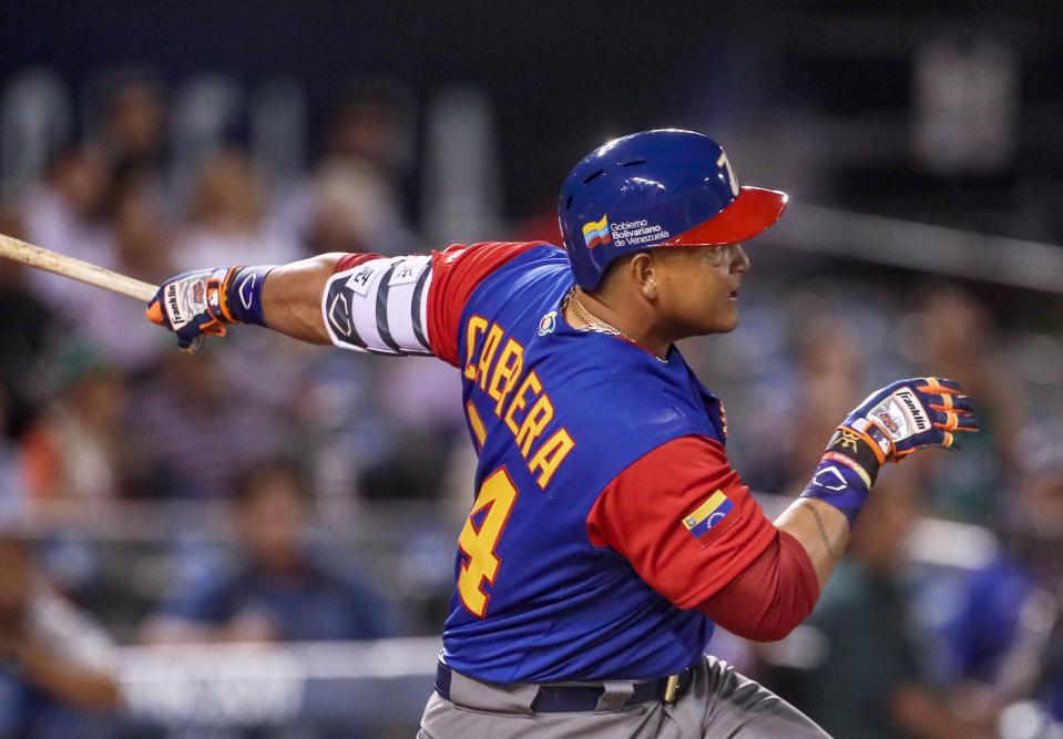 Miguel Cabrera of Venezuela swings as he bats against Puerto Rico during the second inning of the World Baseball Classic game in Guadalajara, Mexico, Friday, March 10, 2017.