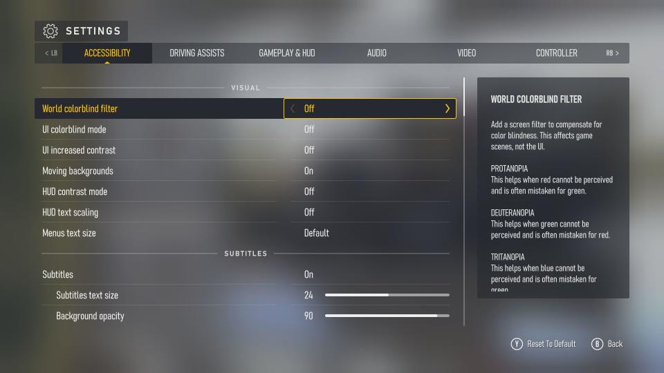 Screenshots of Forza Motorsport (2023)'s accessibility menus and settings.