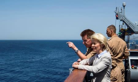 German Defence Minister Ursula von der Leyen (C) and German Flotilla Admiral Joerg Klein (L) look out from the deck of the German navy support ship Bonn, in the Aegean Sea, off the Turkish coast, April 20, 2016. REUTERS/John MacDougall/Pool/File Photo