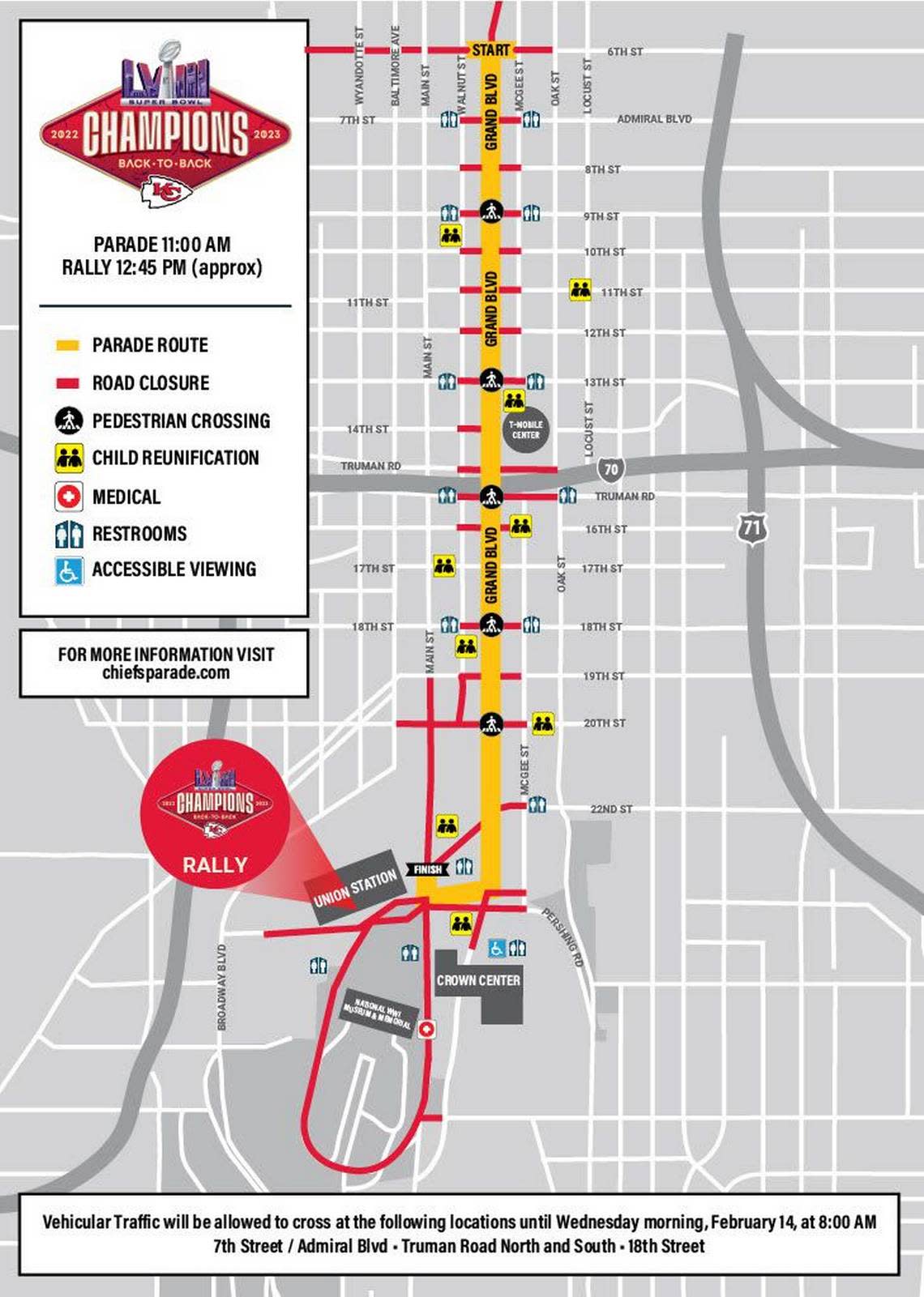 A parade and rally will be held beginning at 11 a.m. Wednesday to celebrate the Kansas City Chiefs’ victory over San Francisco 49ers in Super Bowl LVIII. Here is the map of parade route.