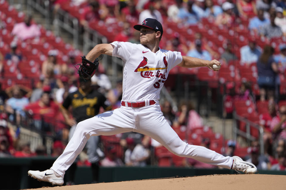 St. Louis Cardinals starting pitcher Zack Thompson throws during the first inning of a baseball game against the Pittsburgh Pirates Sunday, Sept. 3, 2023, in St. Louis. (AP Photo/Jeff Roberson)