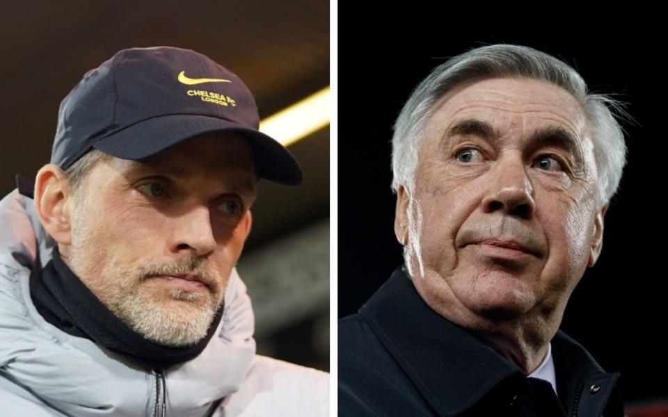 Thomas Tuchel and Carlo Ancelotti - Thomas Tuchel hopeful of fans as Chelsea draw Real Madrid in Champions League quarter-finals - PA/GETTY IMAGES