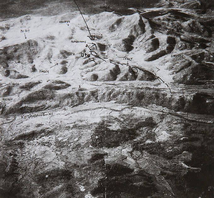 Aerial photograph of the Commonwealth fortified defensive line towards Bunker Hill and Point 118, August 1952