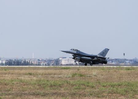 A U.S. Air Force F-16 Fighting Falcon from Aviano Air Base, Italy, is seen at Incirlik Air Base, Turkey, after being deployed, in this U.S. Air Force handout picture taken August 9, 2015. REUTERS/U.S. Air Force/Senior Airman Michael Battles/Handout