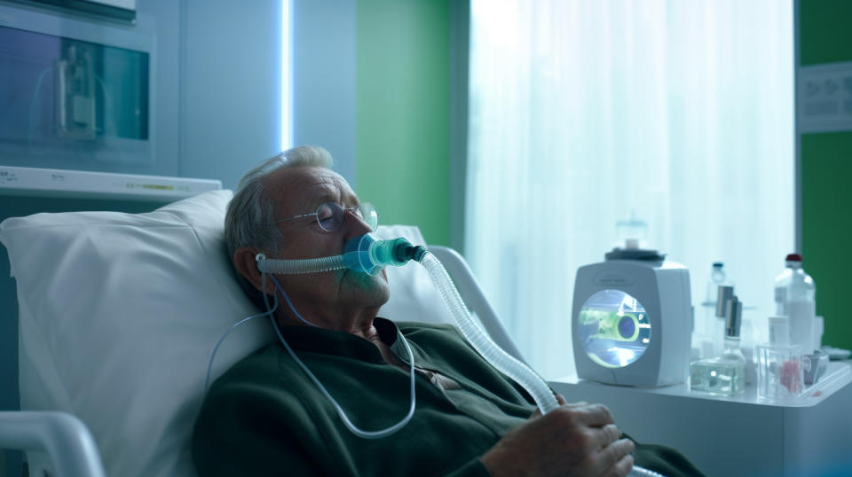 A patient in a clinic, taking a medication dose from a nebulizer to treat a respiratory disease.