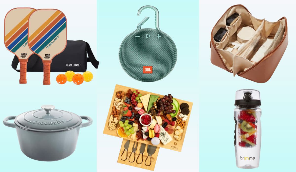 Pickleball paddles, Crock-Pot Dutch oven, JBL speaker, cheese board, makeup bag, fruit infuser water bottle. 