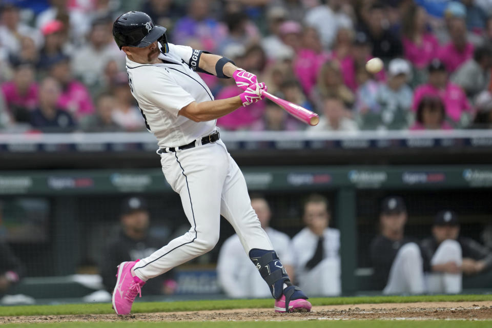 Detroit Tigers' Jake Rogers hits a two-run home run against the Seattle Mariners in the fifth inning of a baseball game, Friday, May 12, 2023, in Detroit. (AP Photo/Paul Sancya)