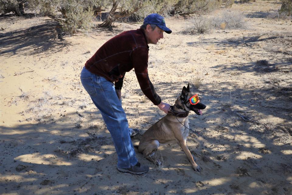 Trinity K9 Search and Rescue president Jon Bonnette holds his dog Kate by the collar just before she is released to find a target during a training exercise.