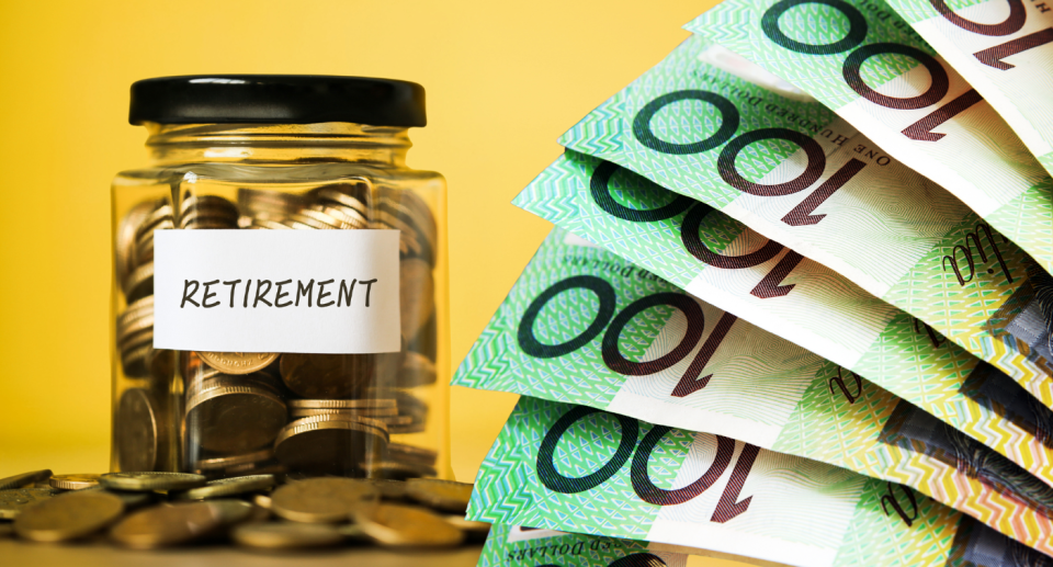 Image of retirement savings jar and Australian money. Superannuation savings concept.