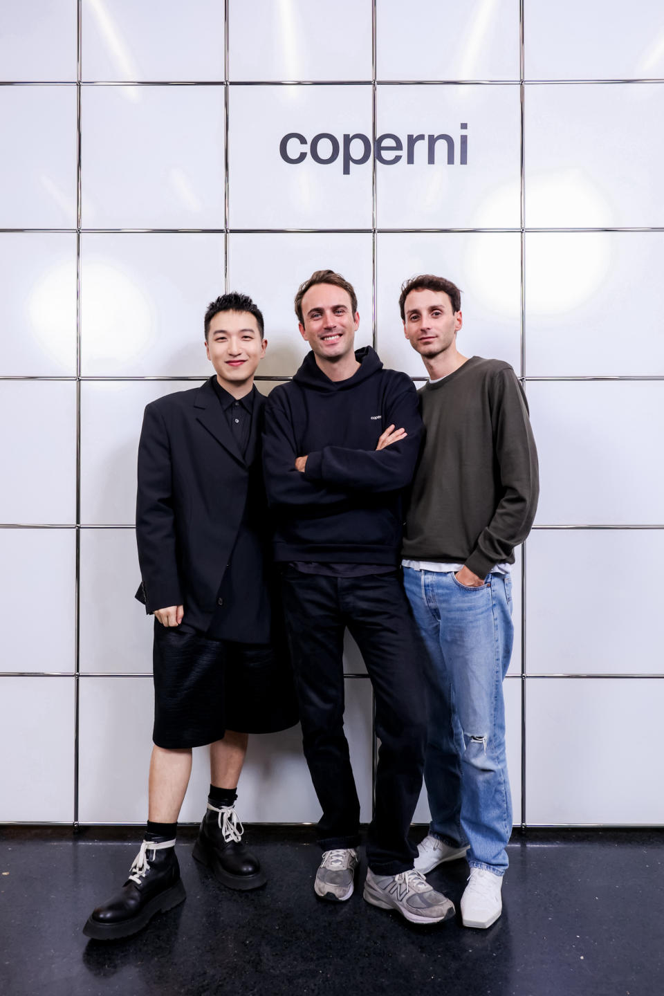 Tao Liang, professionally known as Mr Bags, with Coperni duo Sébastien Meyer and Arnaud Vaillant