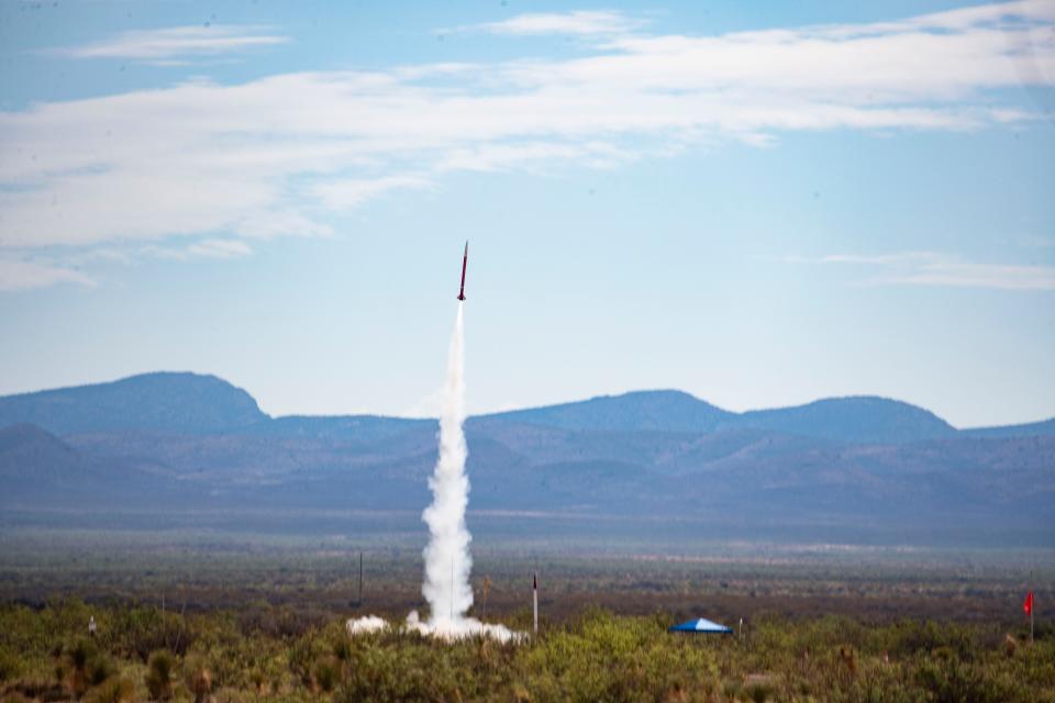 A rocket is launched during Spaceport America Cup competition at Spaceport America on Thursday, June 23, 2022.