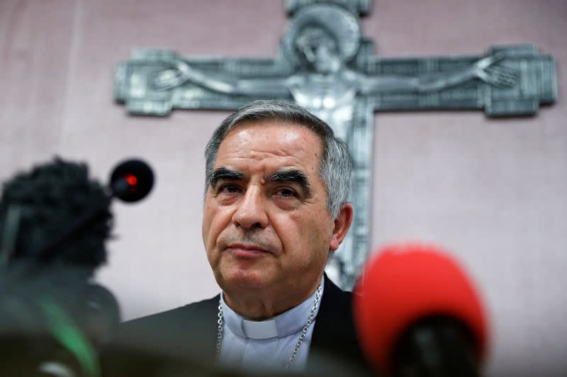 FILE PHOTO: Cardinal Giovanni Angelo Becciu speaks to the media in Rome