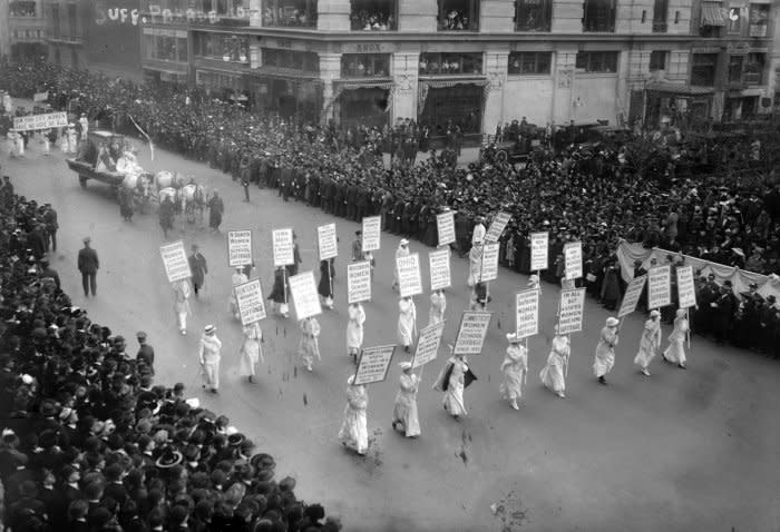 More than 25,000 women take to New York City's Fifth Avenue on October 23, 1915, advocating for women’s voting rights. File Photo by Library of Congress/UPI