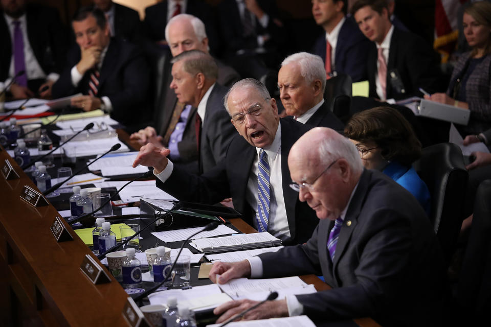 Senate Judiciary Committee Chairman Chuck Grassley (R-Iowa) shouts at Leahy as he questioned the lack of disclosure of Kavanaugh's documents. (Photo: Win McNamee via Getty Images)