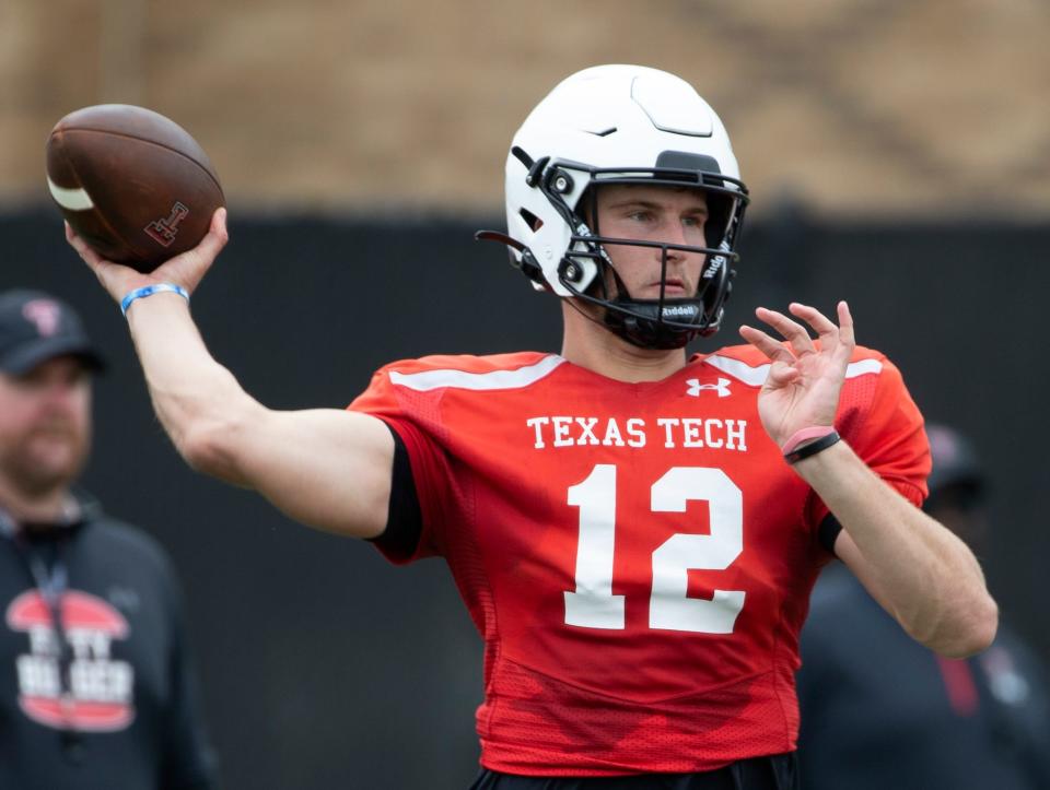 Texas Tech on Sunday named Tyler Shough (12) its starting quarterback going into the upcoming season. Shough, who started the first four games in 2021 before he suffered a season-ending injury, has been competing for the job with Donovan Smith and Behren Morton.