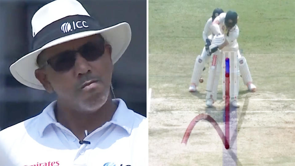 Umpire Joel Wilson is seen left, with the review of Travis Head's LBW dismissal on the right, in the third cricket Test.