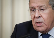 Russian Foreign Minister Sergey Lavrov speaks during his and Germany's Foreign Minister Heiko Maas joint news conference following their talks in Moscow, Russia, Friday, Jan. 18, 2019. Germany's foreign minister has urged Russia to save a key arms treaty with the U.S. to prevent a new arms race. (AP Photo)