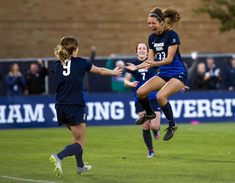 20161004 BYU forward Ashley Hatch celebrates her goal with midfielder Paige Hunt Barker during an NCAA soccer game against San Francisco in Provo on Monday, Oct. 3, 2016. BYU shutout San Francisco 4-0. | Nick Wagner, Deseret News