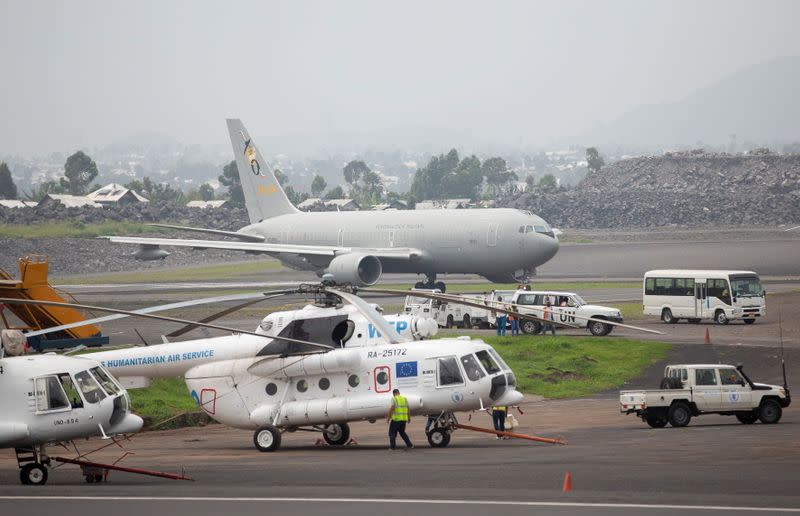 An Italian military plane carrying the bodies the slain Italian ambassador Congo Luca Attanasio and his security taxi-off from at the Goma airport