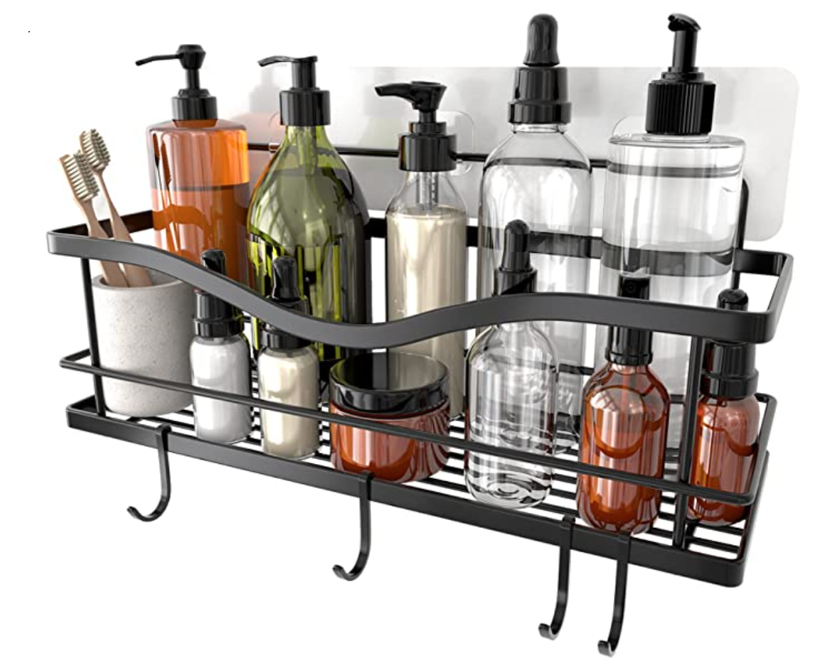 Black shower caddy with bottles and toothbrushes